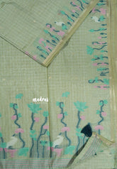 Pastel Green with Dark Green Tassels - Muslin Silk with floral Weaving Border and Pallu